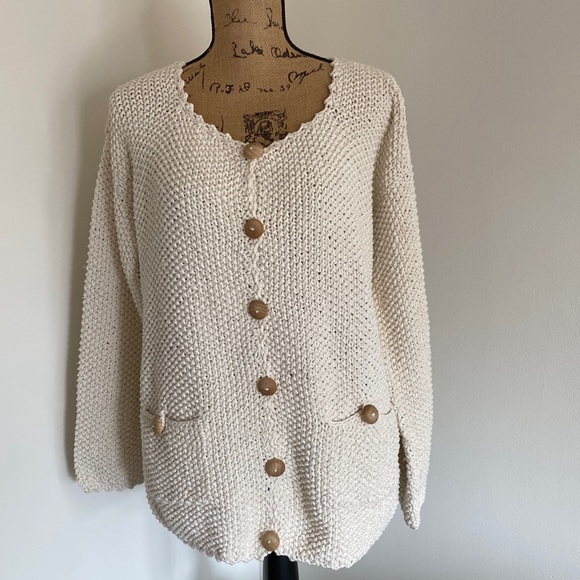 Pure Sweaters - Pure Womens White Cotton Long Sleeve Handknit Button Up Cardigan Sweater L/XL